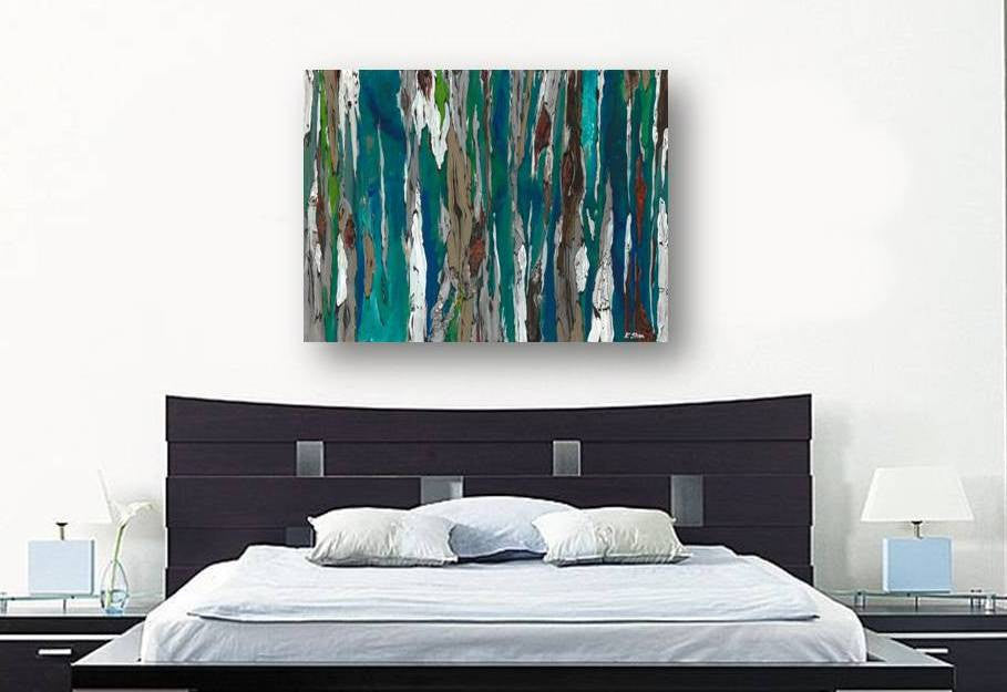 Original blue large painting, with various shades of turquoise and green  above a large headboard in a masculine bedroom