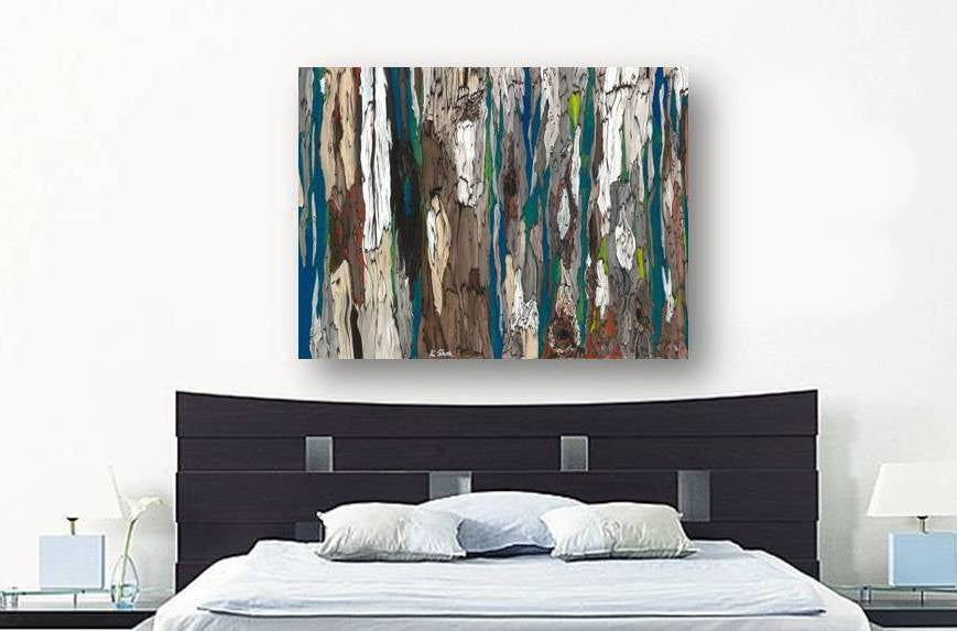 Large abstract painting of trees in shades of blues, browns, white - deep masculine colors - on a large empty wall above the bed headboard.