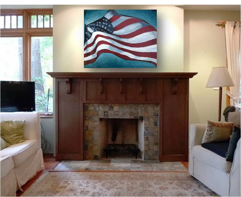 Original painting of the American flag - Old Glory - waving against the blue sky. Above a fireplace mantle