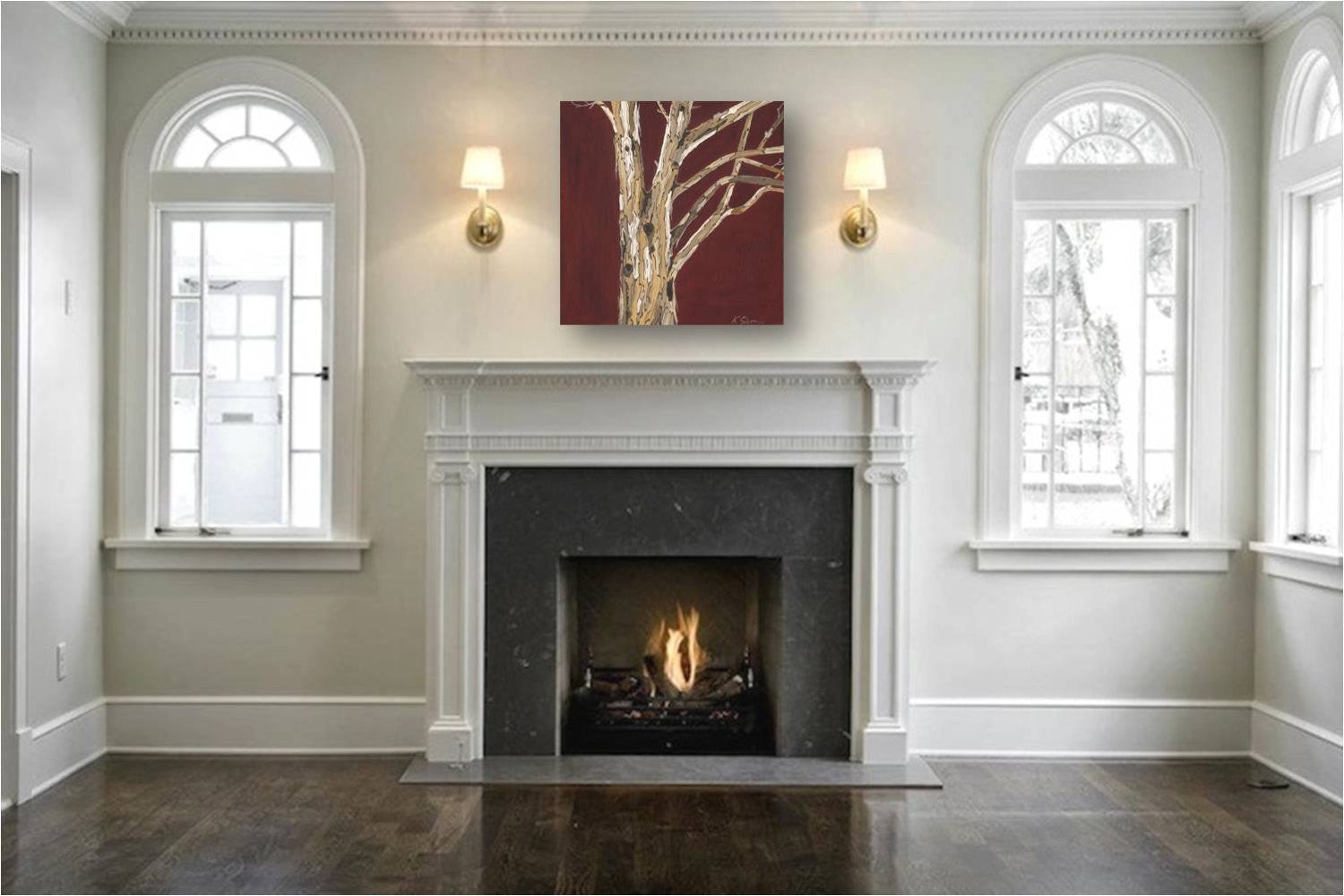Beautiful Square Canvas Art of Tree Trunks on Oxblood Red - Artwork over fireplace mantle of traditional home 
