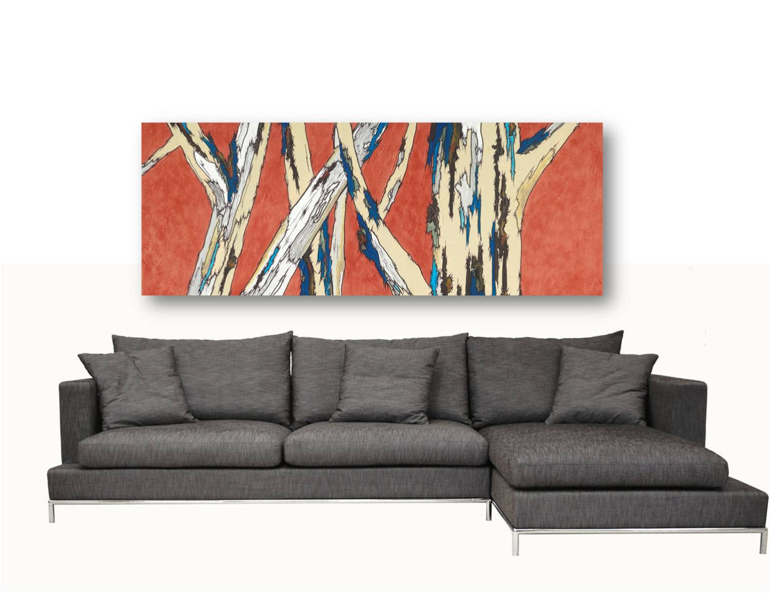 Extra Wide Horizontal Canvas Wall Art of Tree Landscape. On a huge blank wall above a sofa in contemporary setting.