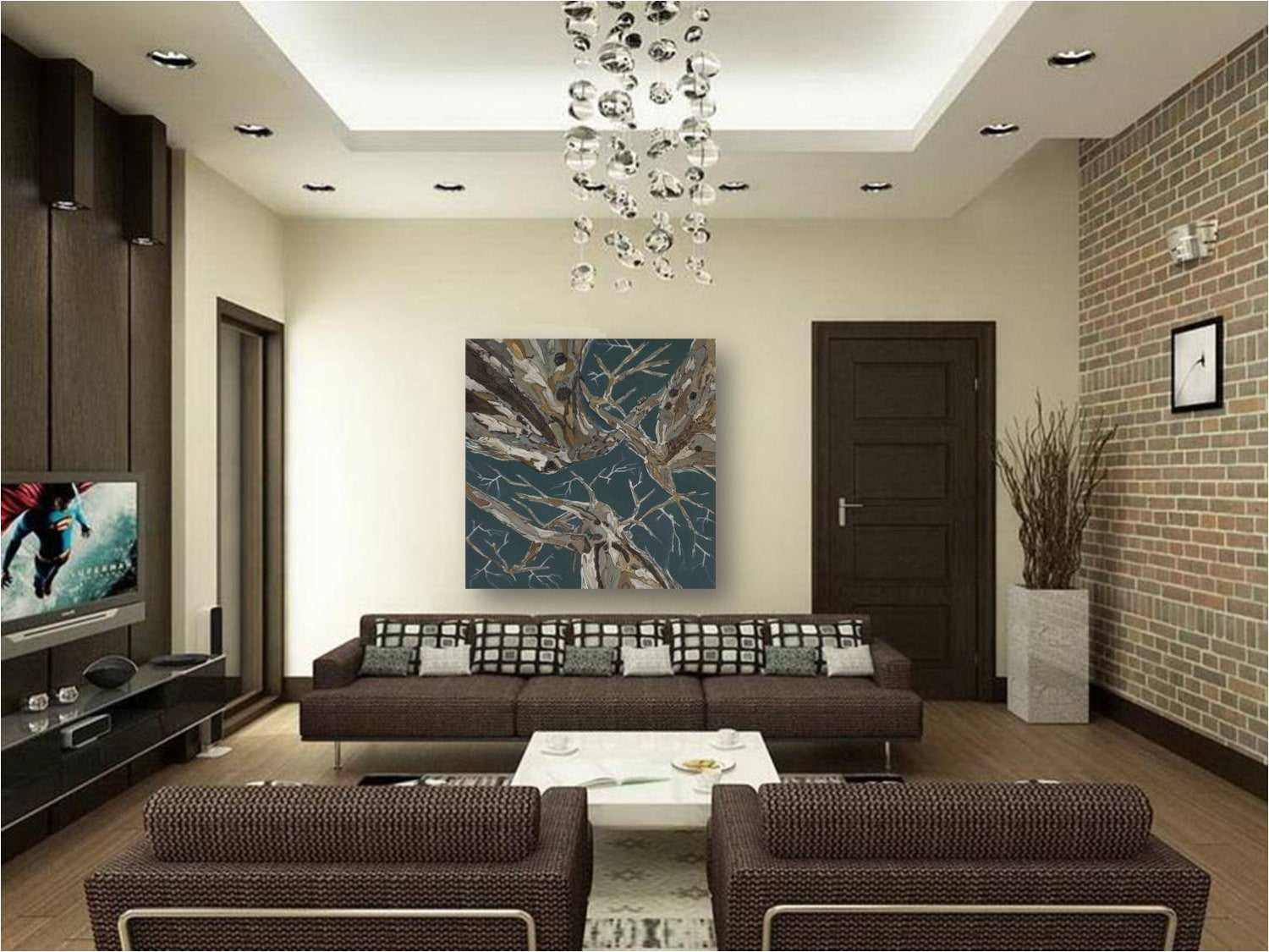 Extra large art in deep steely blue and browns in large mcm mid-century modern living space