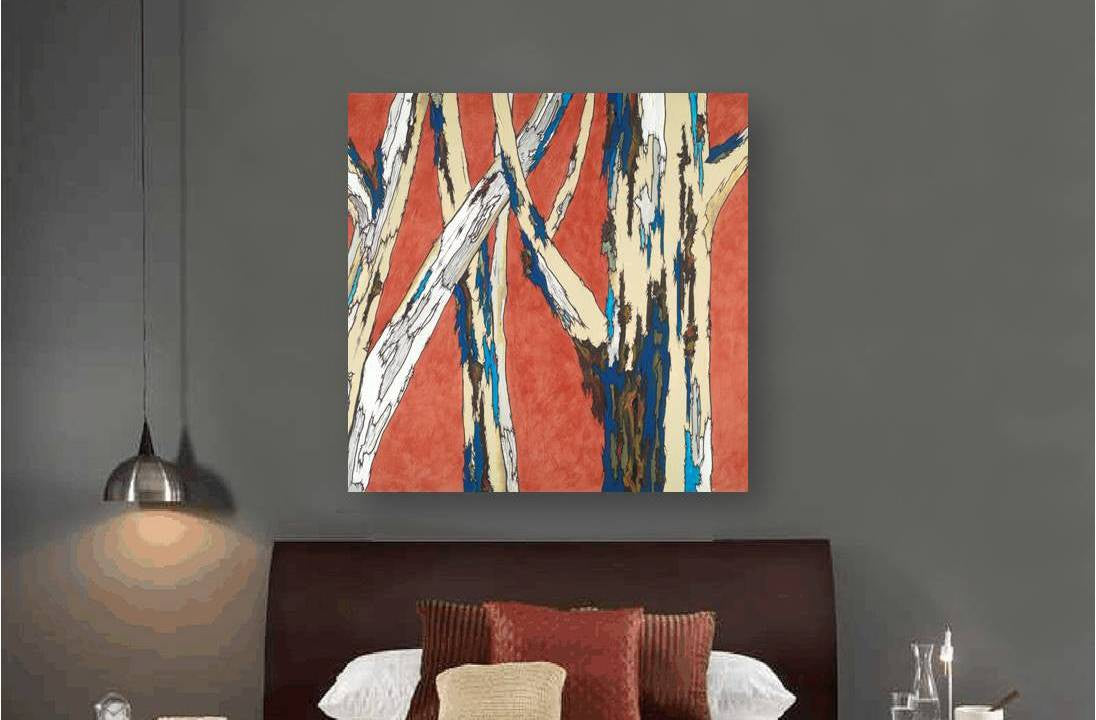 Large orange canvas wall art on a dark gray wall above a masculine contemporary bed 