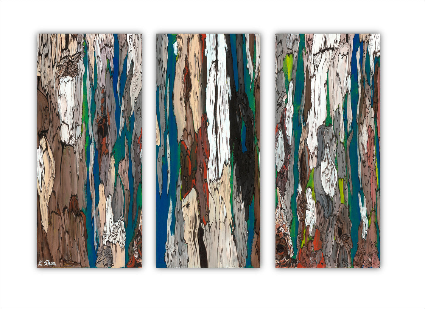 Oversized abstract triptych artwork for curved stairways, large walls. Blues, browns, white. Modern, Contemporary. 