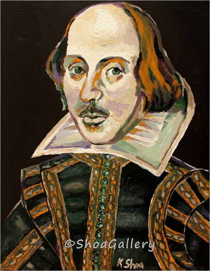 Canvas art print of William Shakespeare in black, gold, orange - art for libraries, studies, bookstores.
