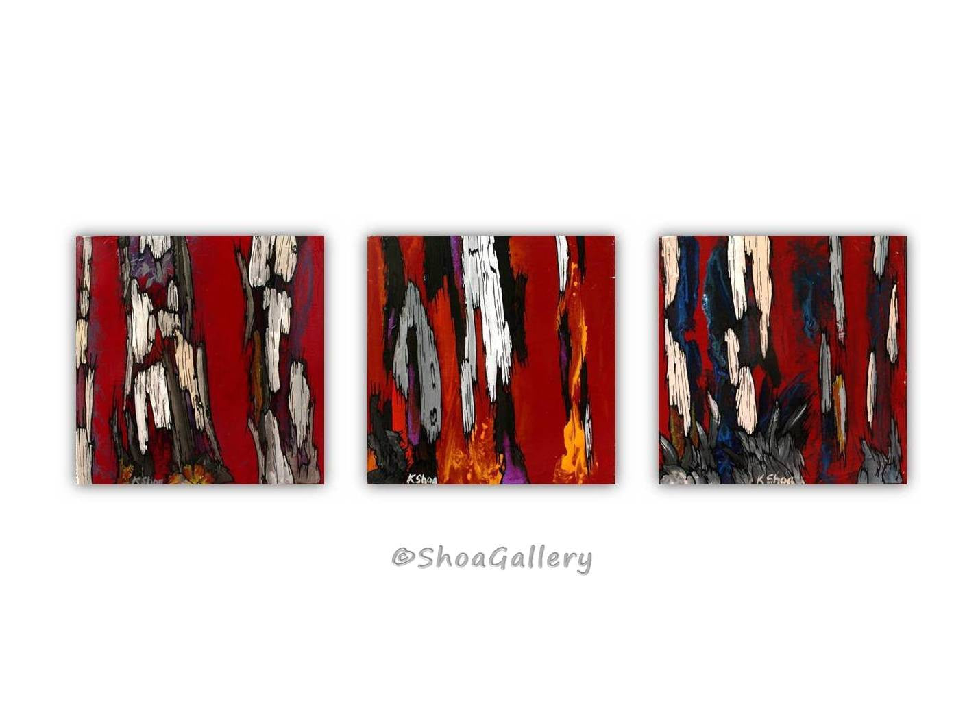 Set of 3 small red original paintings in gallery display