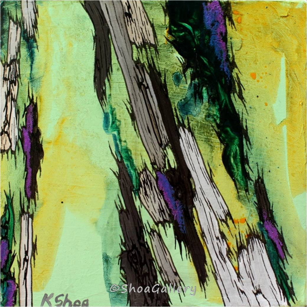 Mixed Media Small Painting. Original Abstract Chartreuse Green / mint Tree artwork. Abstract in acrylics, ink, oil pastels.