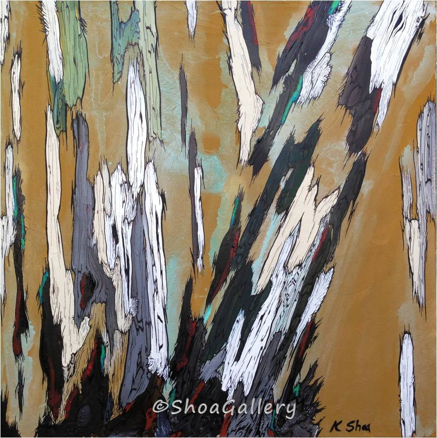 Original large acrylic painting of abstract trees in ochre, white black gray green accents