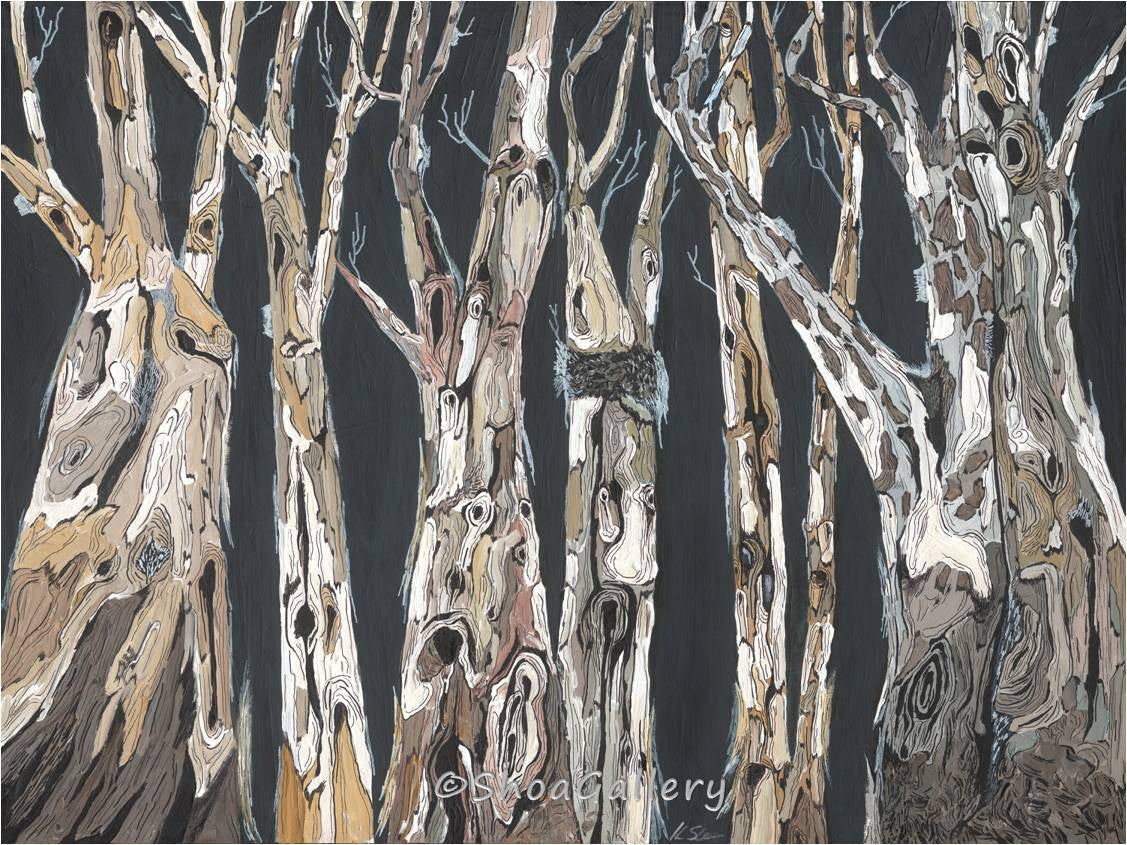 Oversized Canvas Art Print of Trees Landscape - Dark Charcoal background, white birch trees. Modern masculine decor.