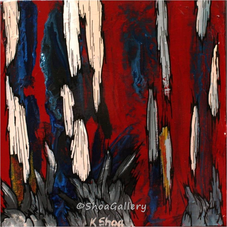 Original Small Acrylic Painting - Deep Red Abstract Artwork of Tree Trunks with blue and white accents
