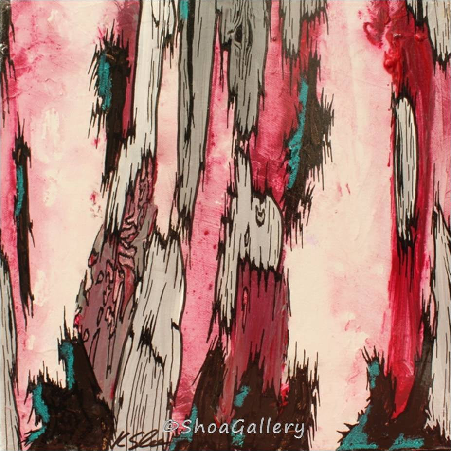 Pink and fuchsia wall art. Small original abstract painting of tree trunks. Decor style: feminine, contemporary, modern. Acrylics, with ink and oil pastels.