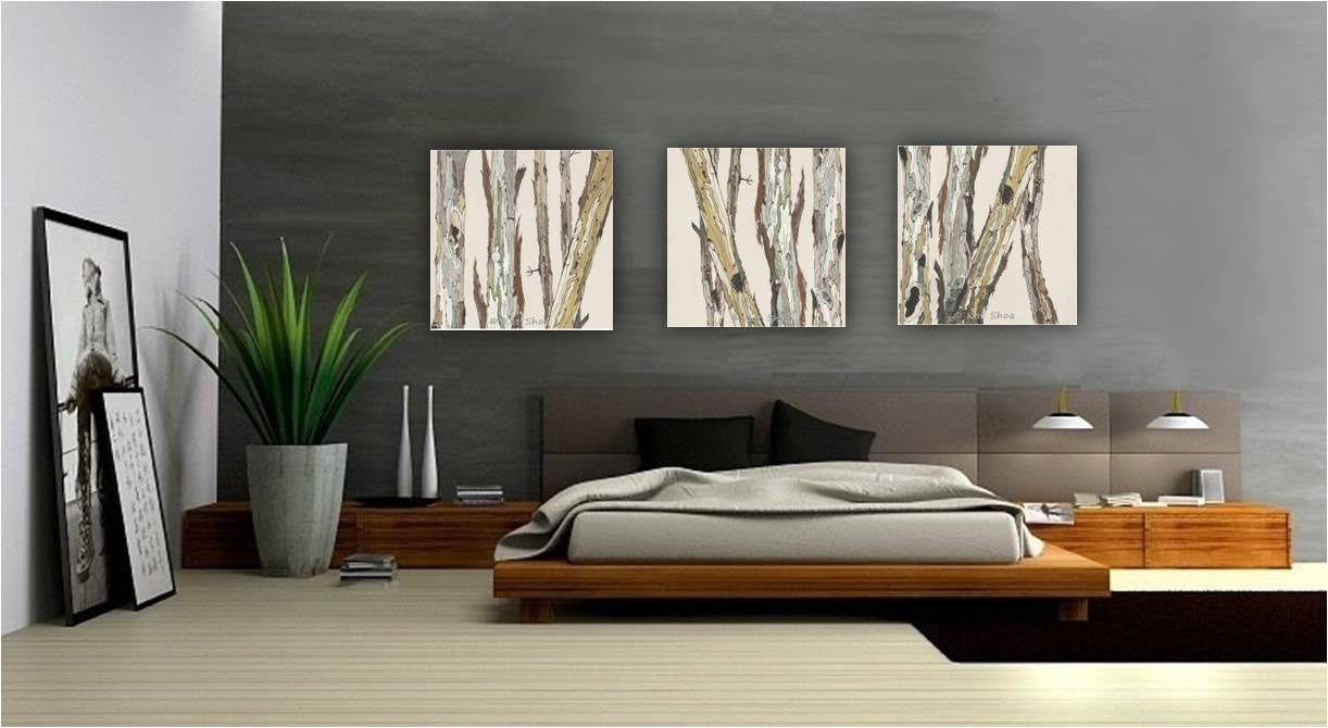 Huge Tree Trunk Landscape Triptych — Square Three-Panel Canvas Wall Art on Dark Wall over the bed, modern masculine bedroom