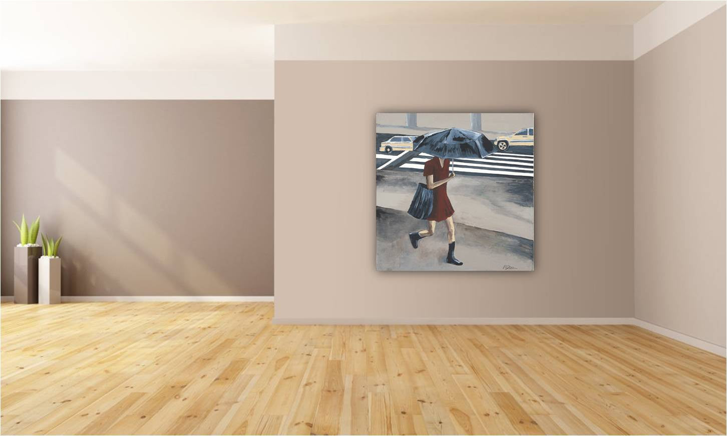 Oversized canvas print of citiscape on a rainy day with umbrella on a large empty wall in a living room