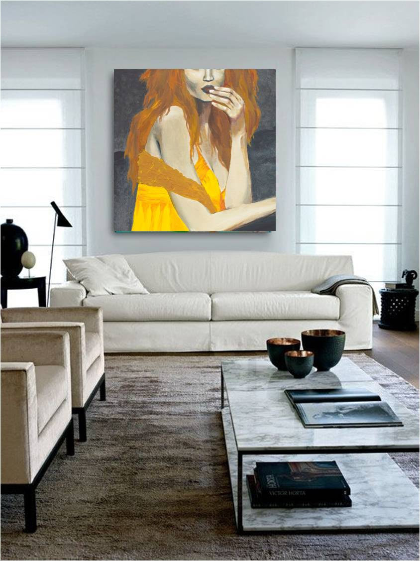 Oversized canvas print of a sensual woman - square artwork above a large sofa in an all white modern living room