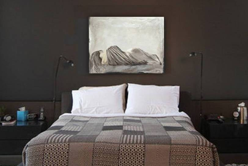 Large original acrylic painting of a woman laying on a bed in muted grays - sensual artwork in dark and moody bedroom