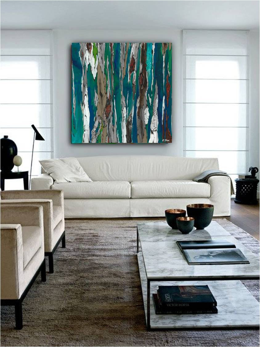 Large blue abstract canvas art in an airy and light contemporary living room