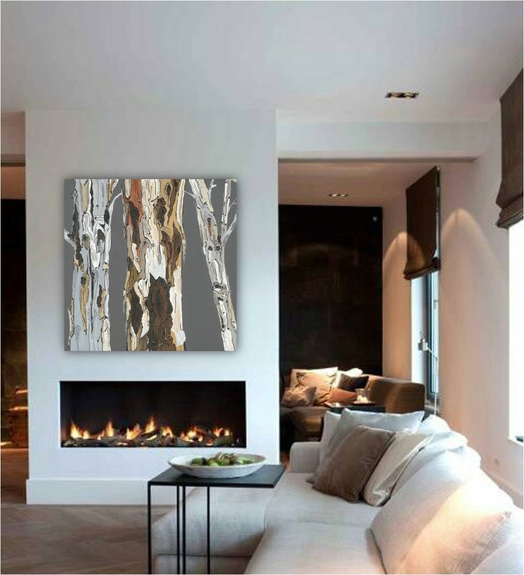 Oversized gray canvas print of birch tree artwork, above a fireplace wall of an all white modern living room
