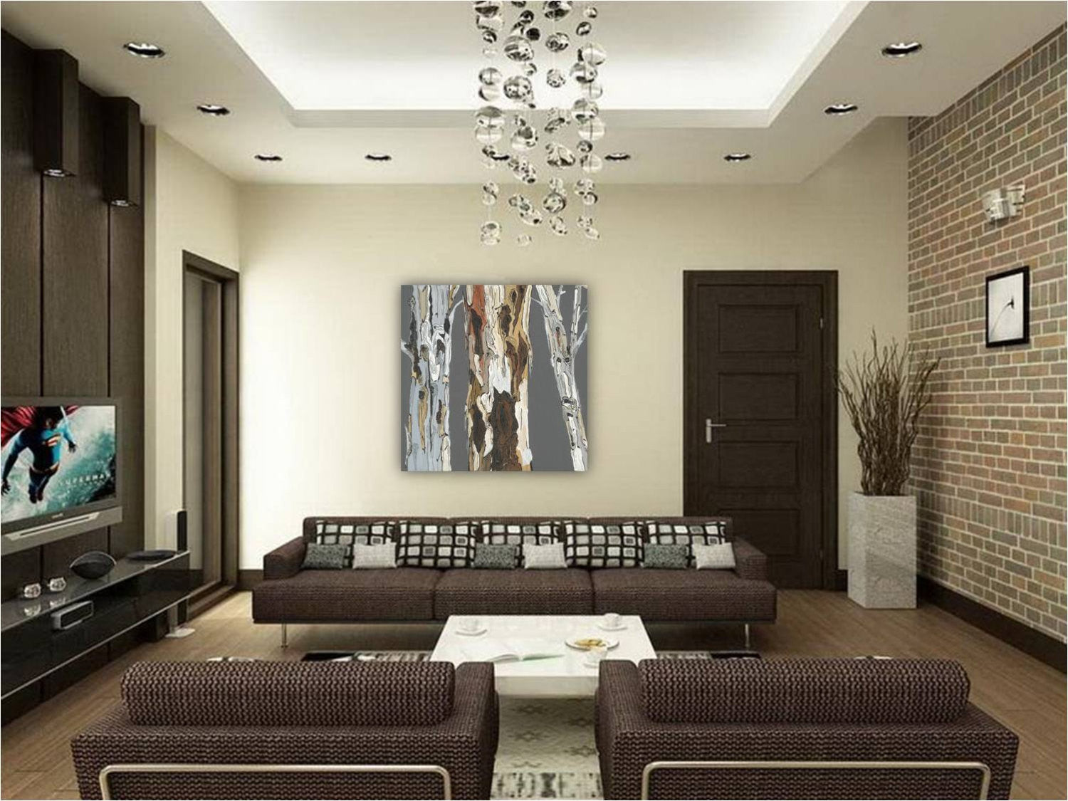 Oversized canvas art print of tree trunks in MCM mid-century modern living room 