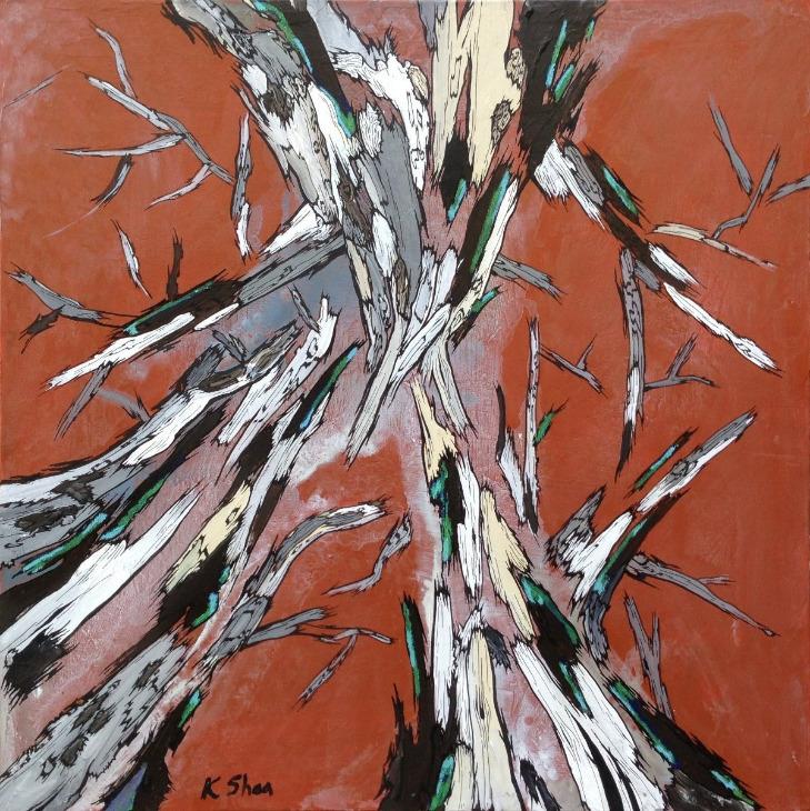 Large Canvas Art Print of tree canopy in burnt orange red and white. Large modern contemporary artwork.
