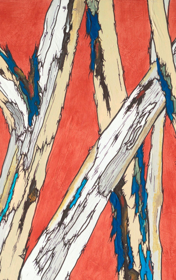 trees in a landscape artwork with hot orange background