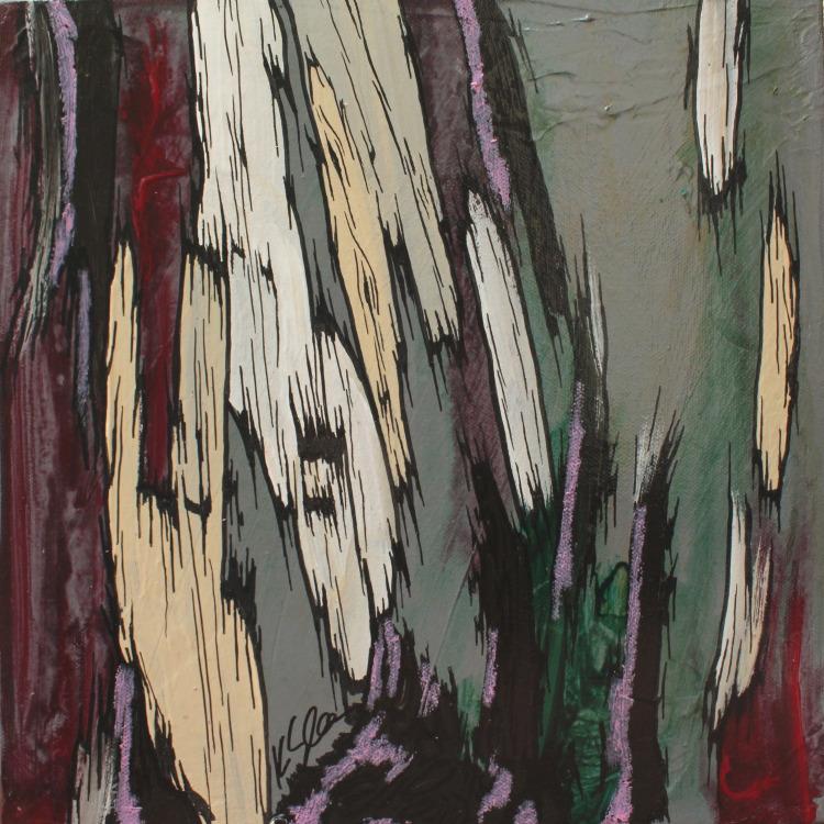 Small abstract original acrylic painting of trees. Wall art in muted grays, greens, reds. Fits masculine, rustic, contemporary styles.