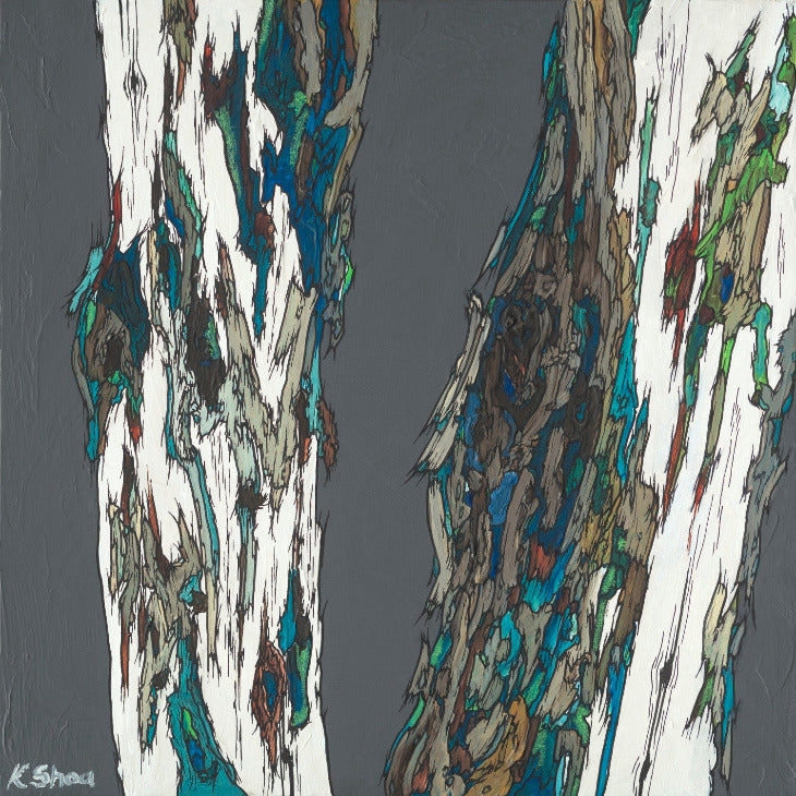 Large Original painting of tree trunks, Bold Masculine Artwork in gray with white, blue, green accents. Modern acrylic & ink artwork.