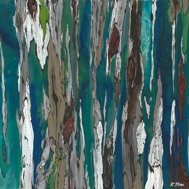 Oversized square modern abstract canvas art in various blues, and white, green accents. 