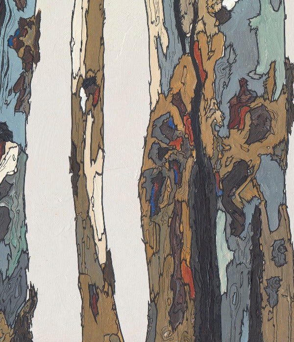 fragment of oversized artwork with trees in a landscape