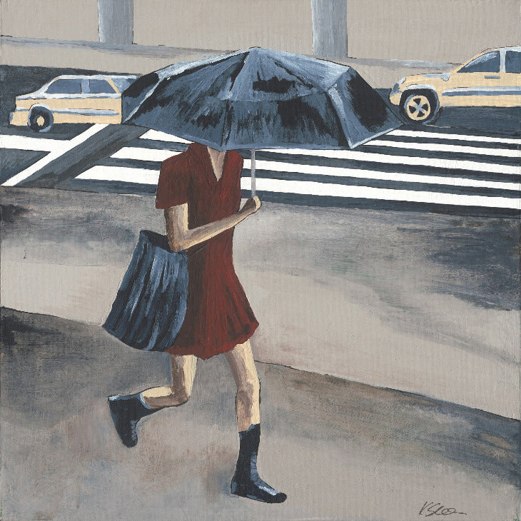 Extra large modern cityscape wall art canvas print - a figure with a black umbrella in a red dress - gray and black and white lines.