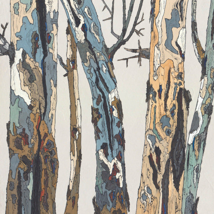 An artwork depicting textured tree trunks and branches with layered brushstrokes in beige, blue, gray, and muted orange on a light background.