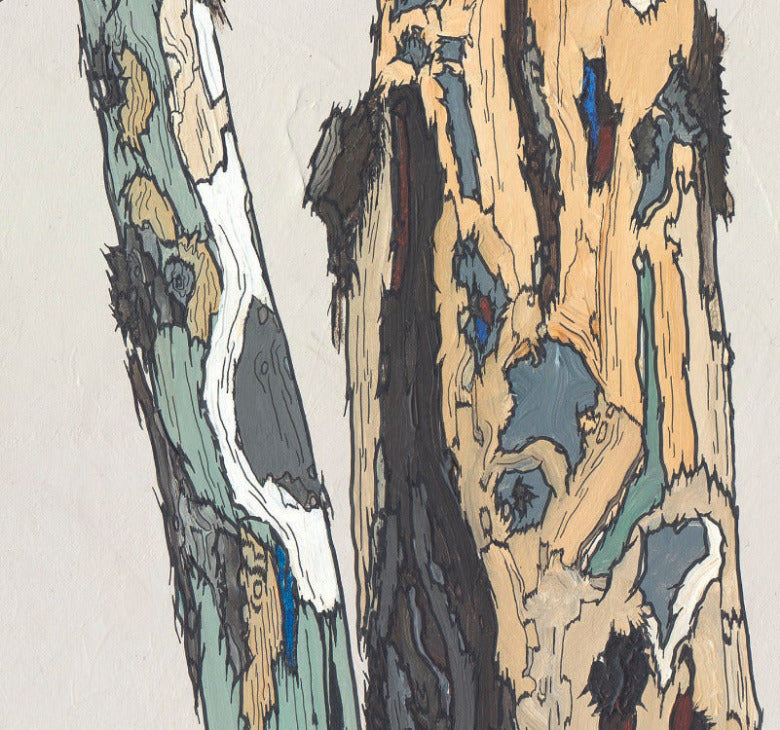 detail of an oversized artwork of trees