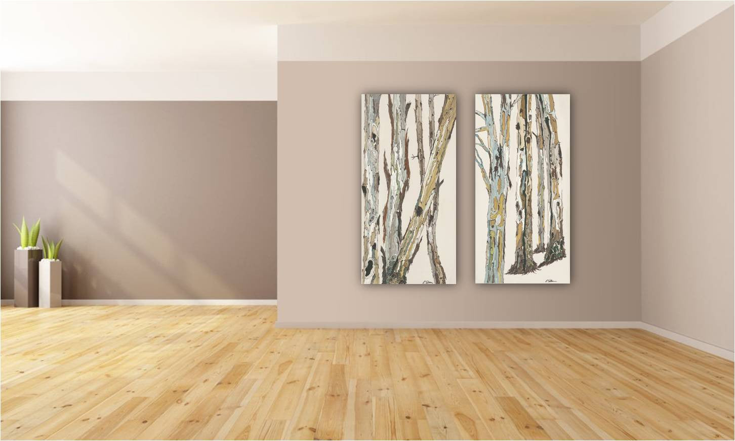 Tall oversized diptych artwork of tree trunks landscape in pastel colors, on extra large walls of a contemporary living room