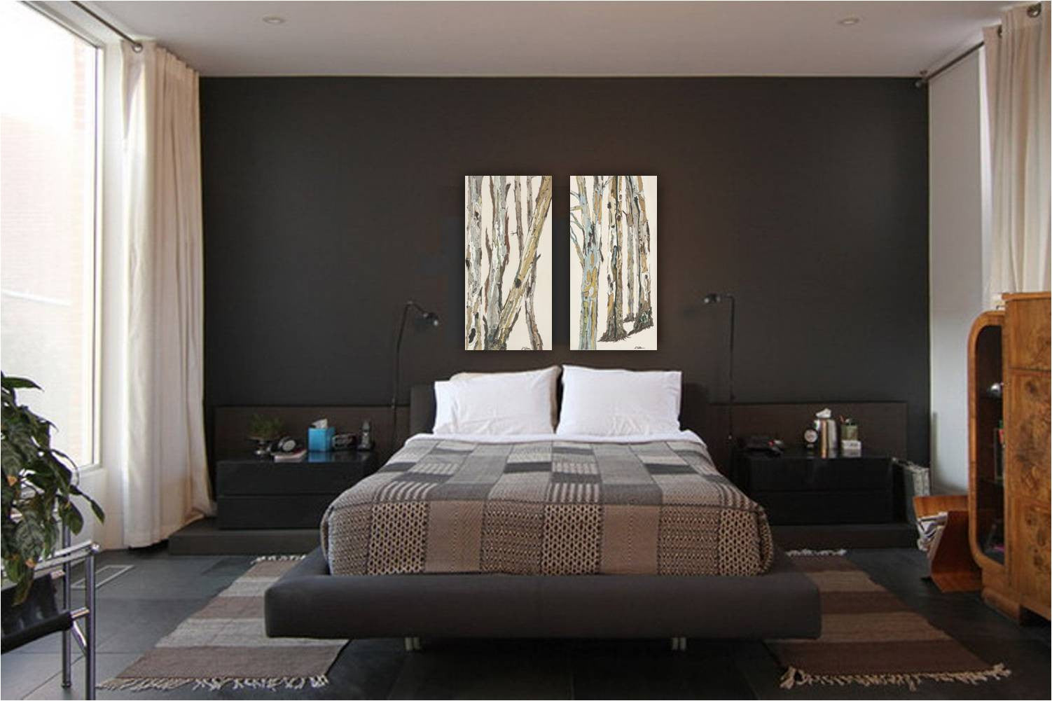 Diptych canvas art print of tree landscape on dark walls of masculine modern bedroom