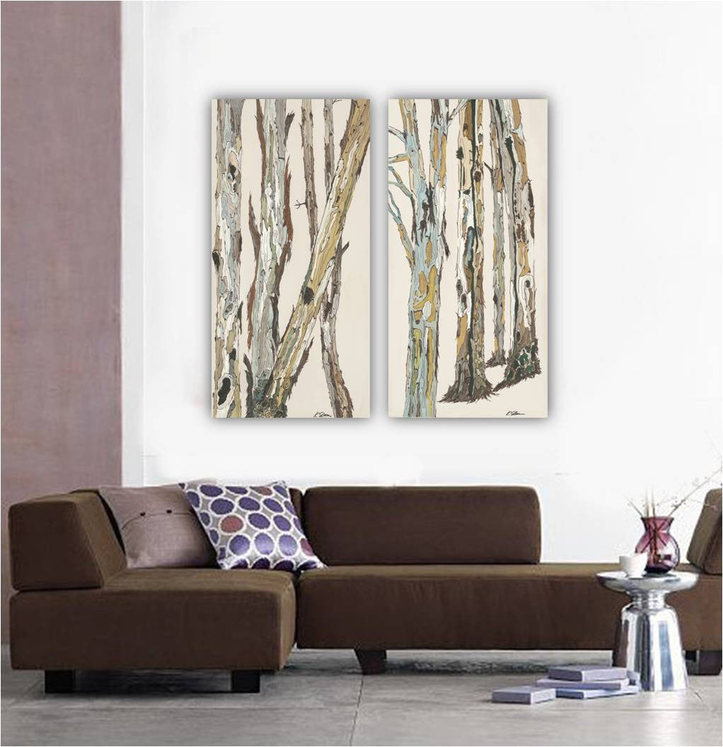 Extra Large wall art white diptych set tree trunks oversized