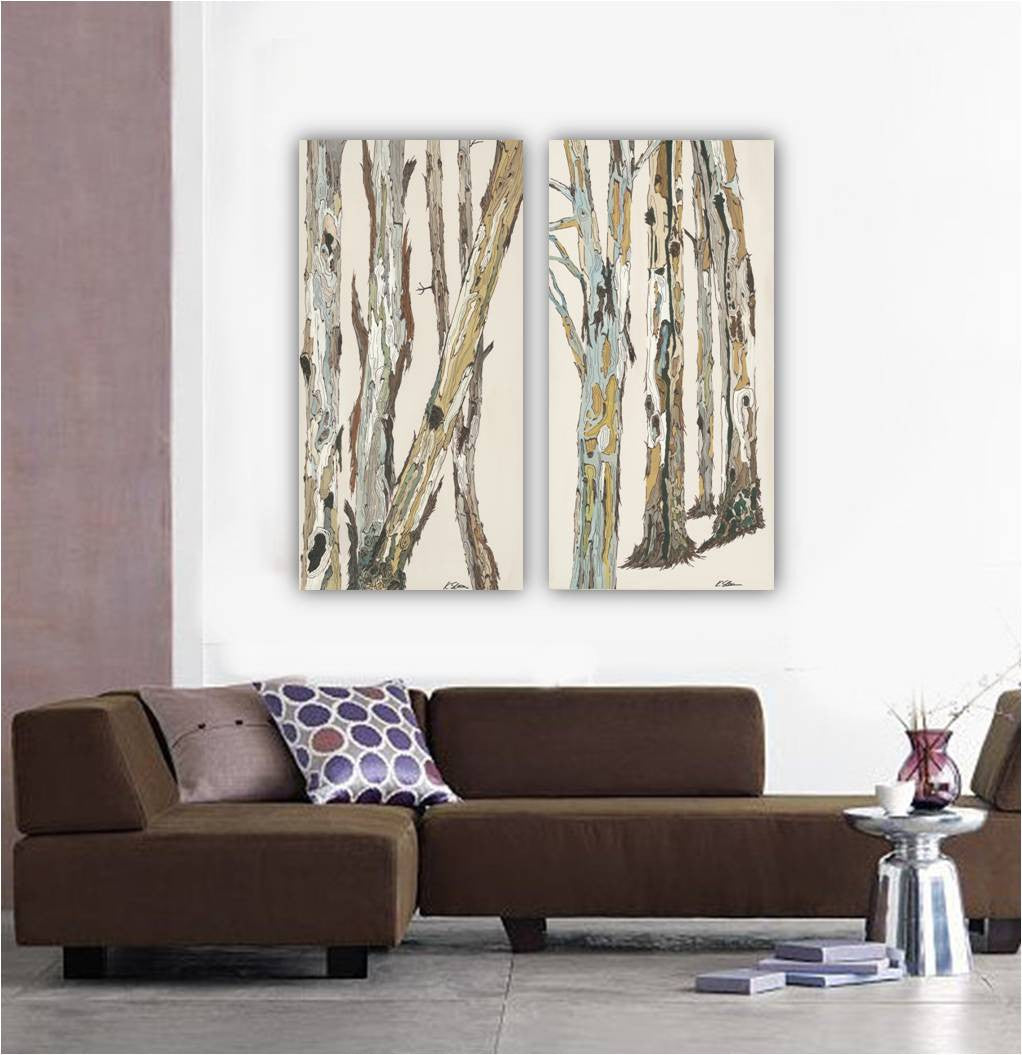 Extra large tall panels of tree art canvas on walls of MCM mid-century modern space with large sectional