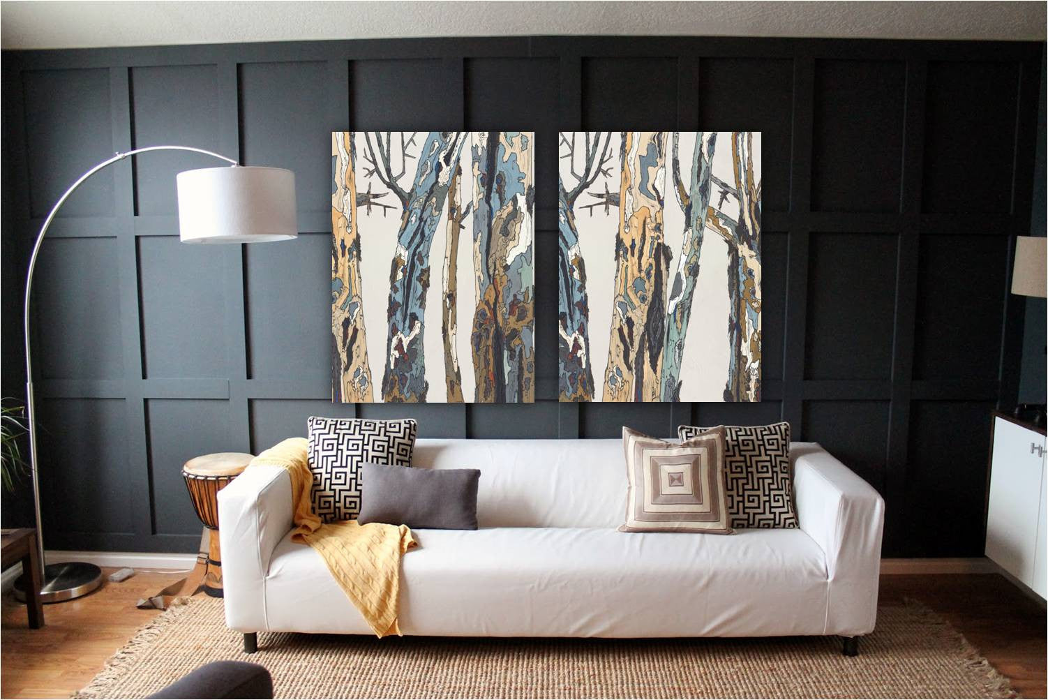 Oversized Two-Panel Canvas Wall Art on very dark walls in an eclectic transitional living room