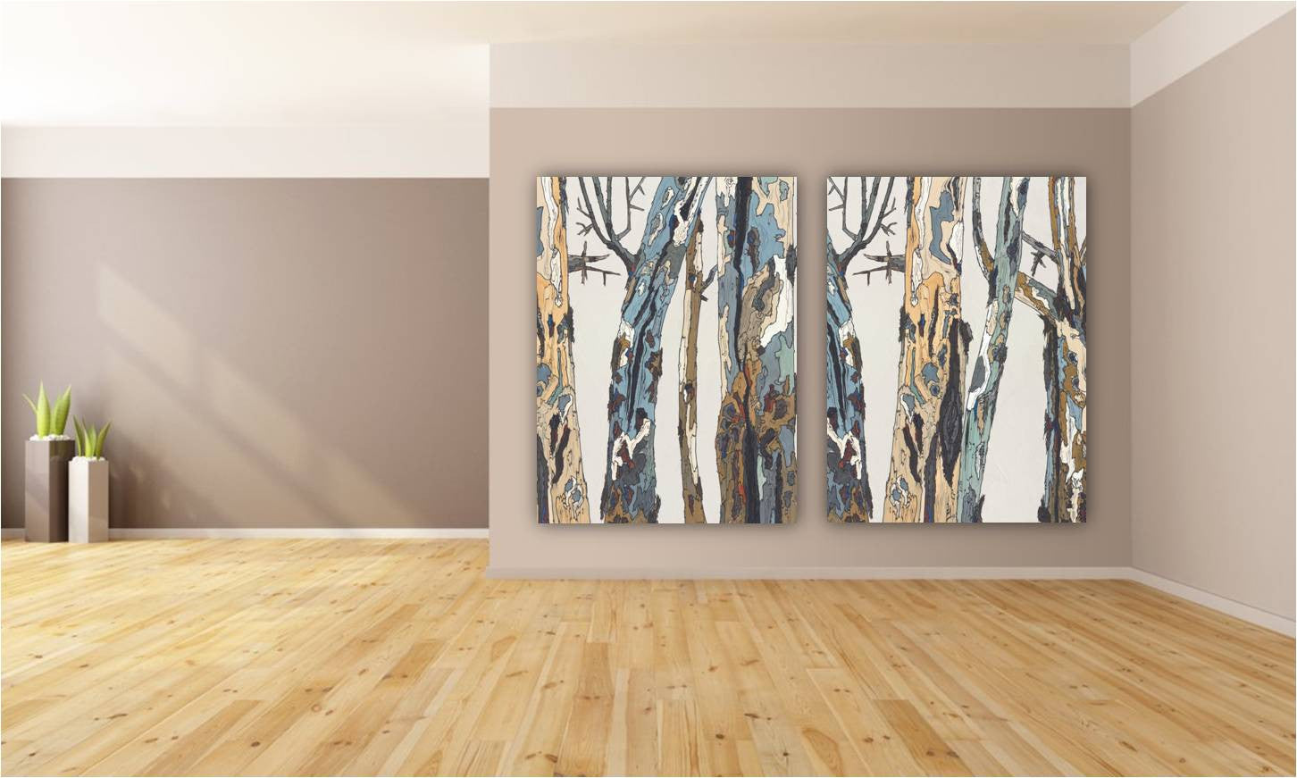 Very large diptych artwork of tree landscape on huge blank walls of a living room