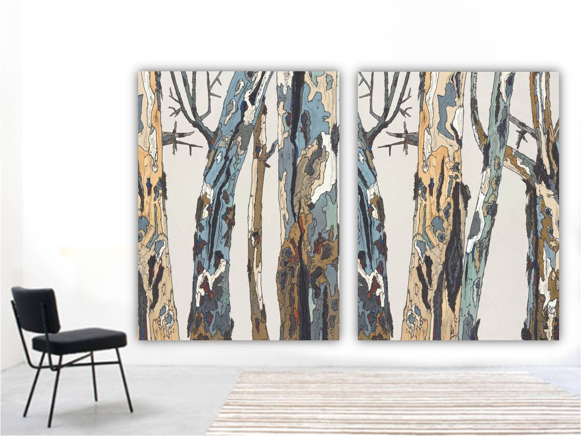 Huge wall art diptych print of trees on empty walls of a living room or a hotel lobby