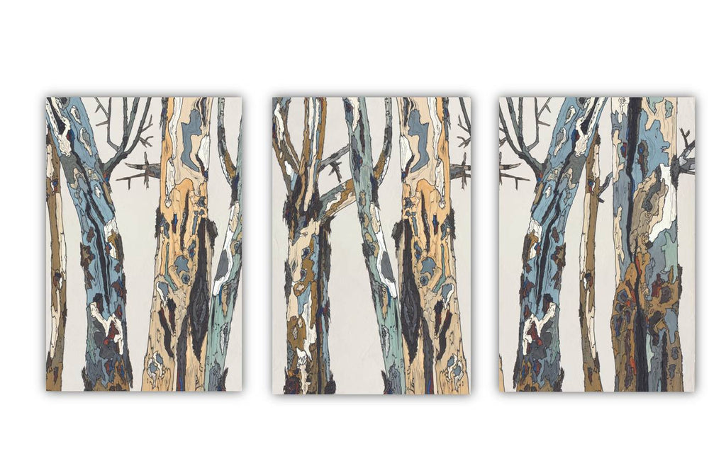 Huge triptych extra large wall art white blue brown canvas print tree trunks pastels