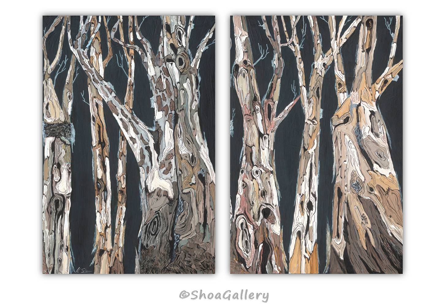 Oversized Two-Panel Canvas Wall Art. Masculine Dark Charcoal Trees / Landscape Diptych.