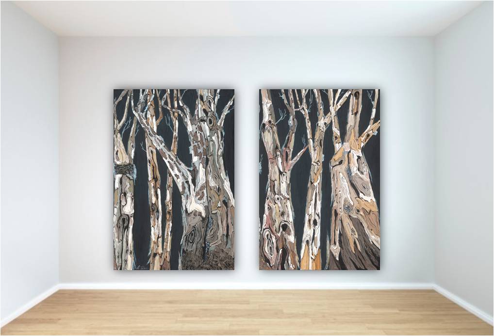 A 2-panel extra large canvas prints of trees, in a large conference room.