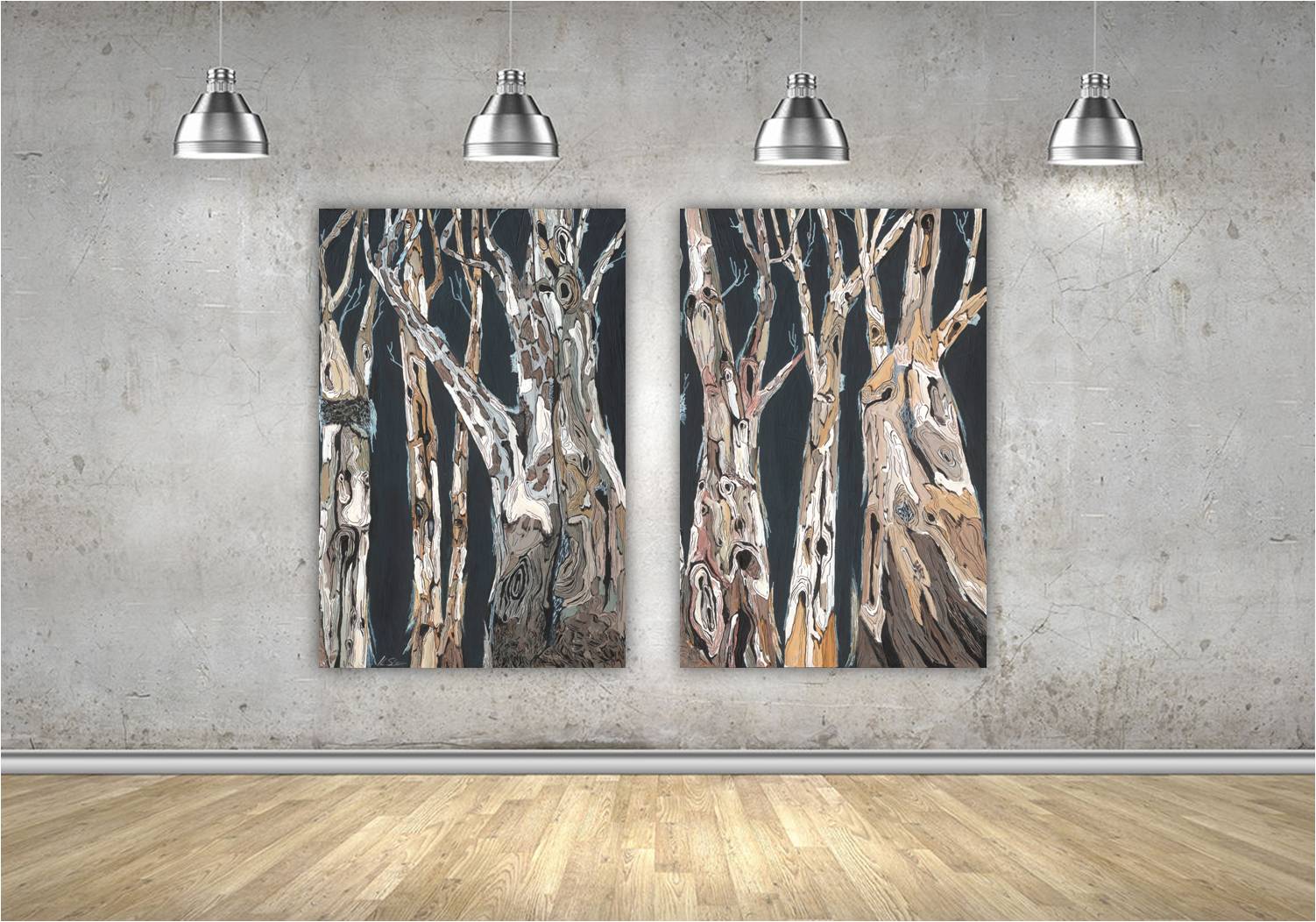 Extra large set of canvas prints of trees in a masculine living room or commercial space.