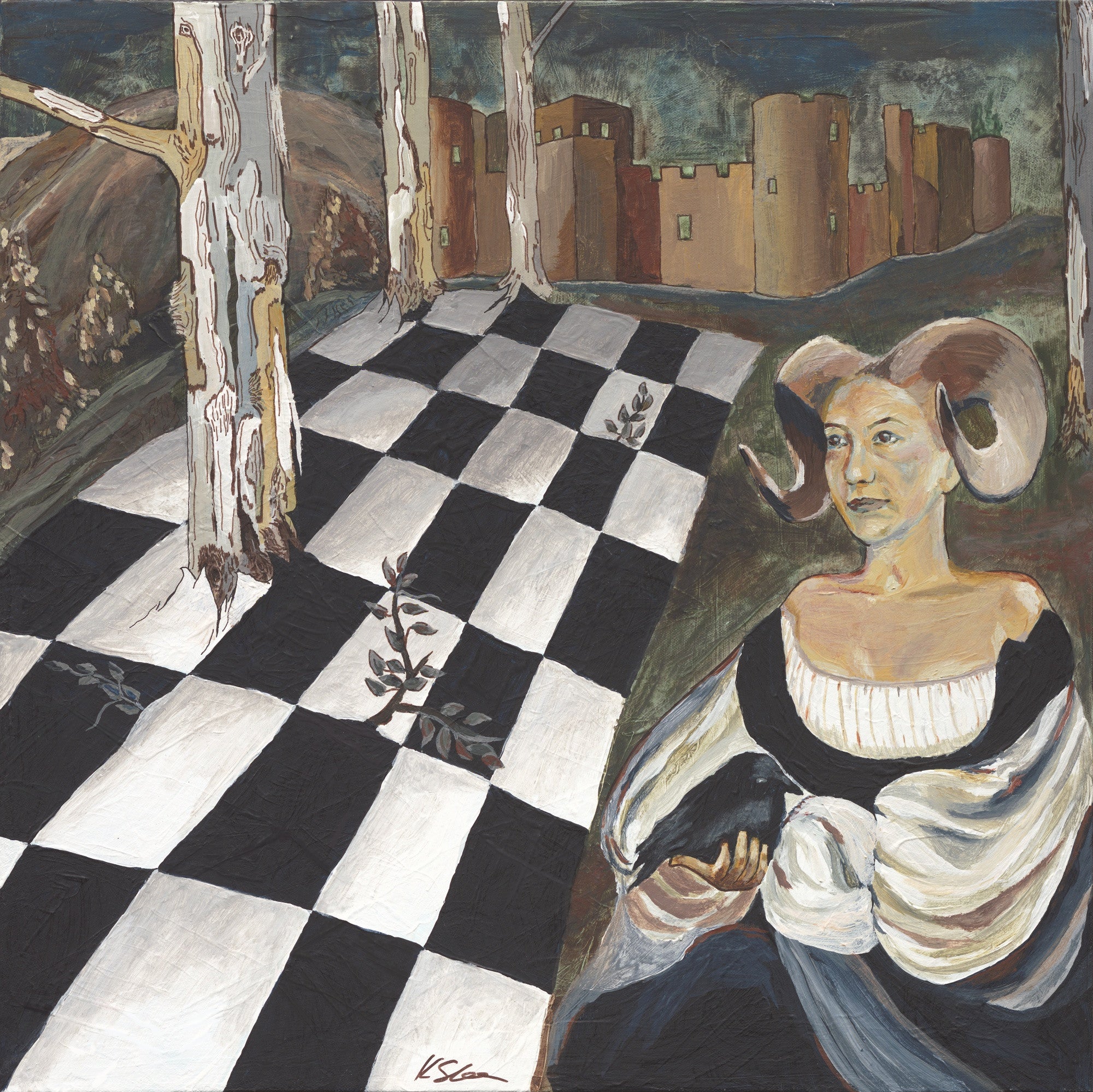 Surrealist Painting of Medieval Woman with Crow & Chessboard - Original artwork with deep muted colors