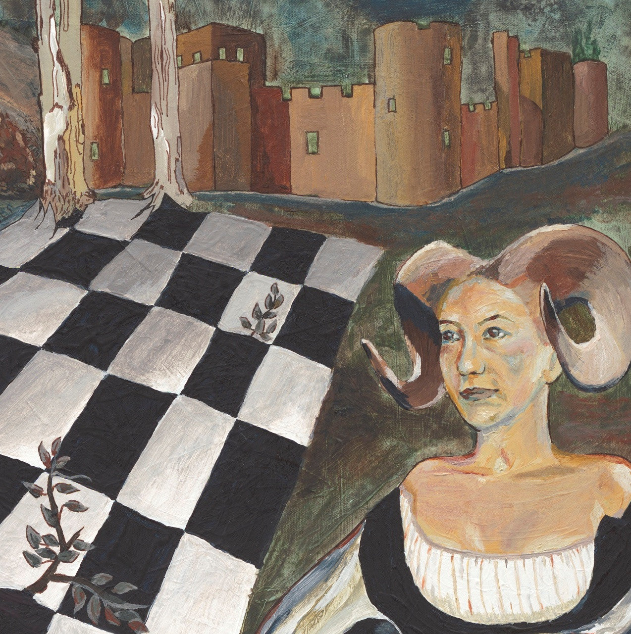 Unique surrealist painting of Medieval woman with horns, with crow and chessboard
