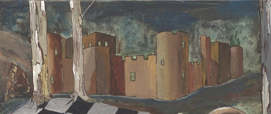 Detail of surrealist art showing medieval fort