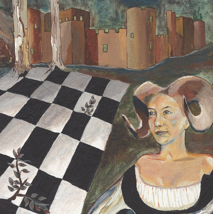 surrealist painting of Medieval woman with horns, with crow and chessboard
