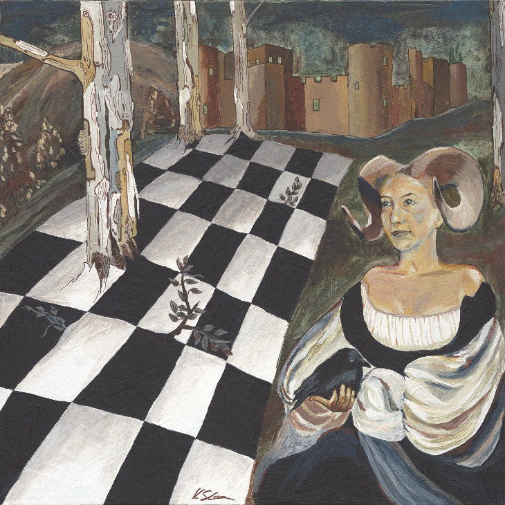 Surrealist Painting of Medieval Woman with Crow & Chessboard - Original artwork with deep muted colors