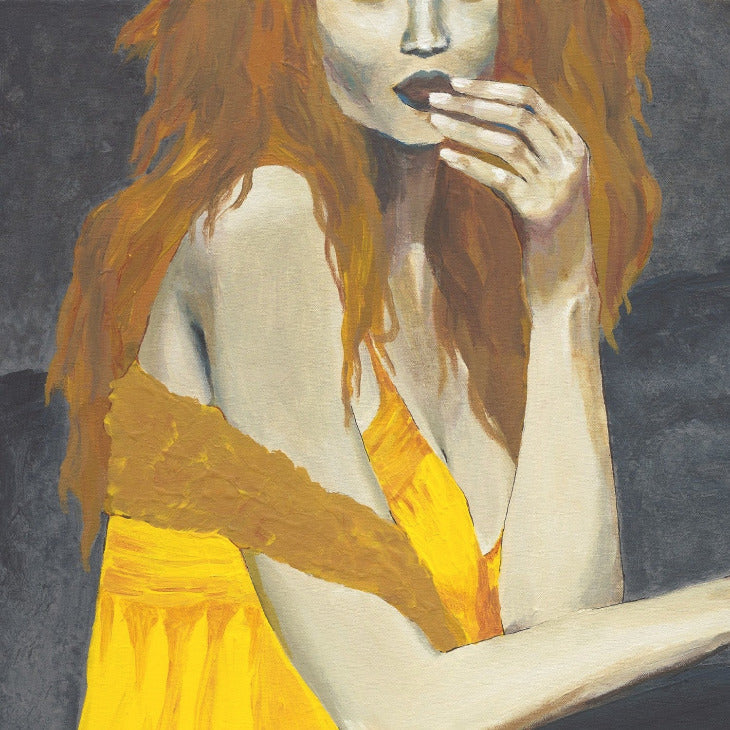 Large Sensual Figurative Canvas Wall Art - Redhead Woman in a Revealing Yellow Dress